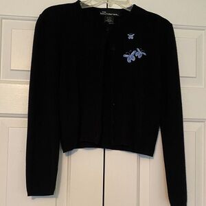 No Boundaries Black Button-Front Soft Cardigan with Blue Butterflies Appliqué